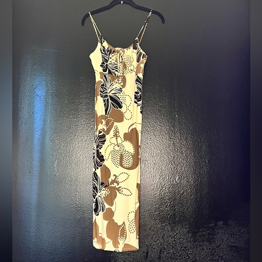 Manuhealii Cream and Brown Floral Maxi Dress